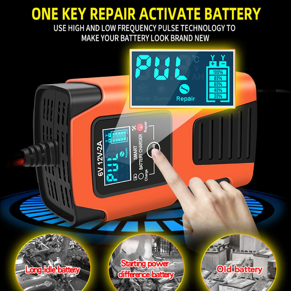 Slimme Batterij Oplader 6V 12V 2A Automatische Puls Reparatie Laders Nat Calcium Deep Cycle Puls Reparatie Auto Batterij oplader