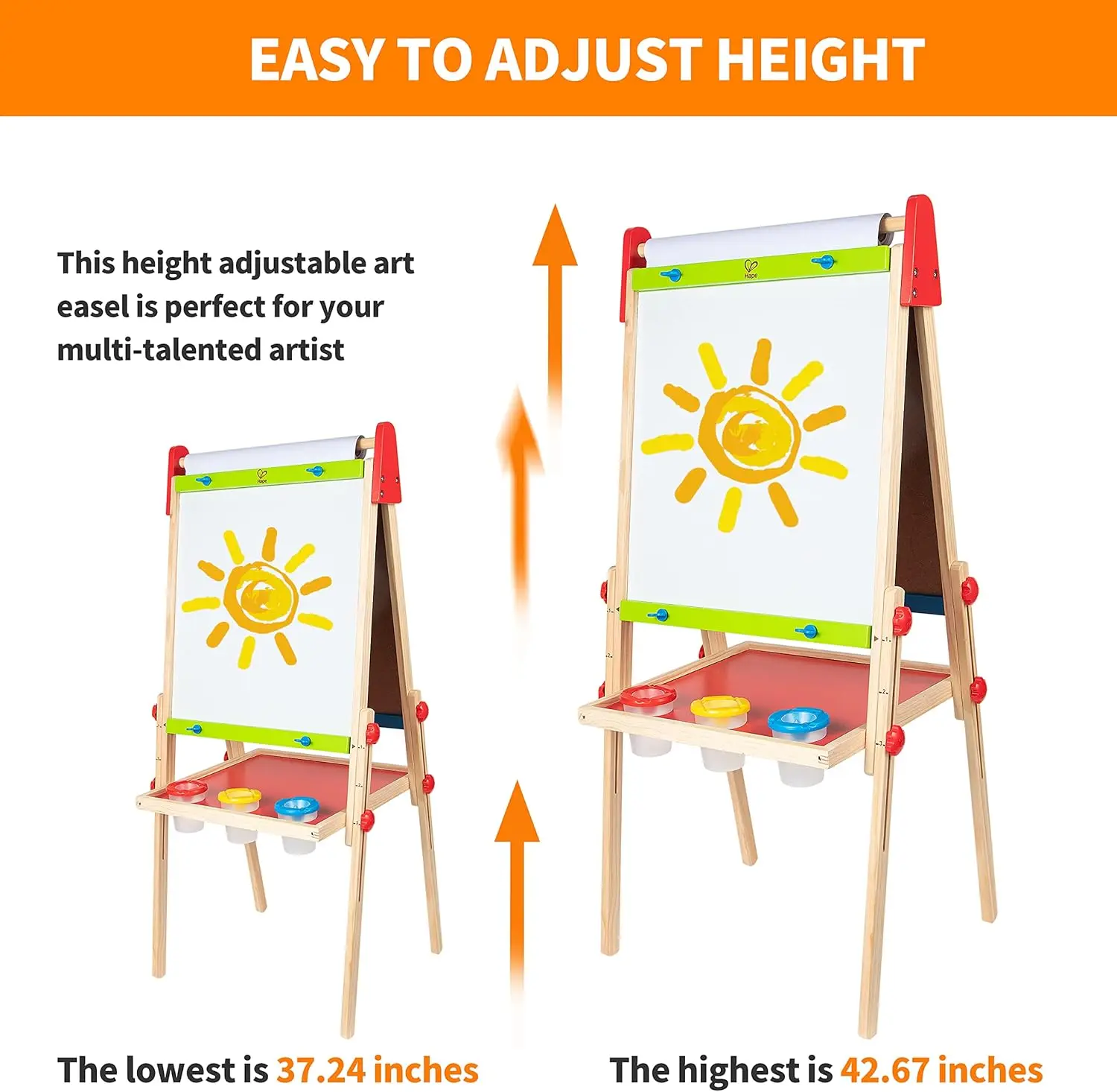 Adjustable Kids Drawing Easel with Chalkboard, Whiteboard & Paper Roll - Includes 3 Paint Pots