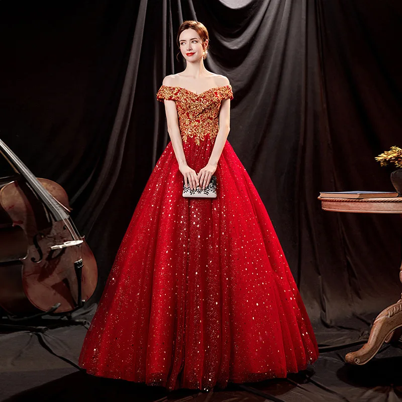 Prom Dress Red Bride Wedding Toast Solo Stage Performance Evening Dress New Style Brilliant Gilded Spring
