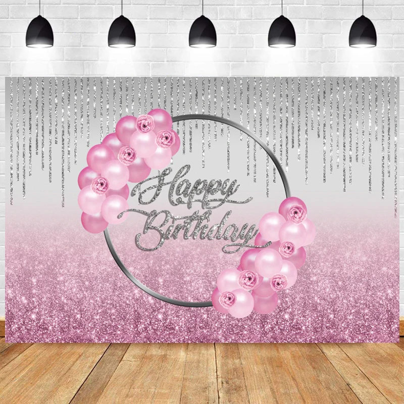 Rosa feliz aniversário pano de fundo rosa balão grinalda fitas luz bokeh meninas festa de aniversário personalizado foto fundo cabines estúdio