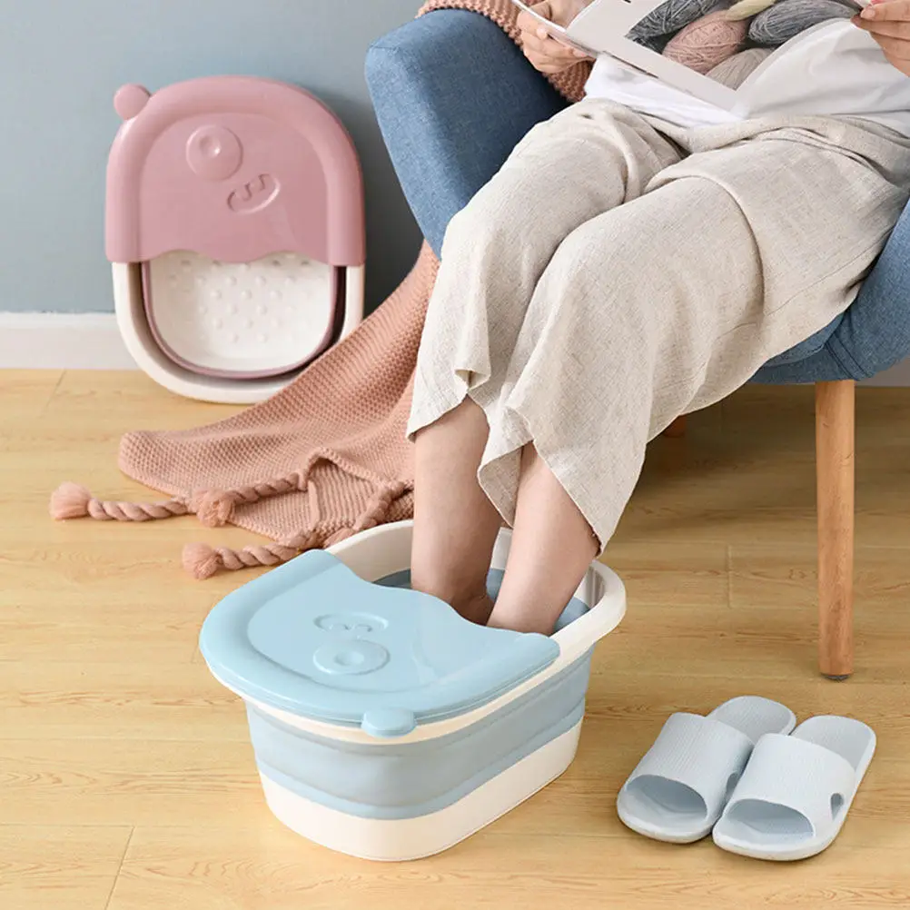 1Pcs Foldable Foot Washing Basin for Kids Blue Massaging Pebble Bottom Feet Soak Bucket Space-Saving Home Foot Bath Barrel