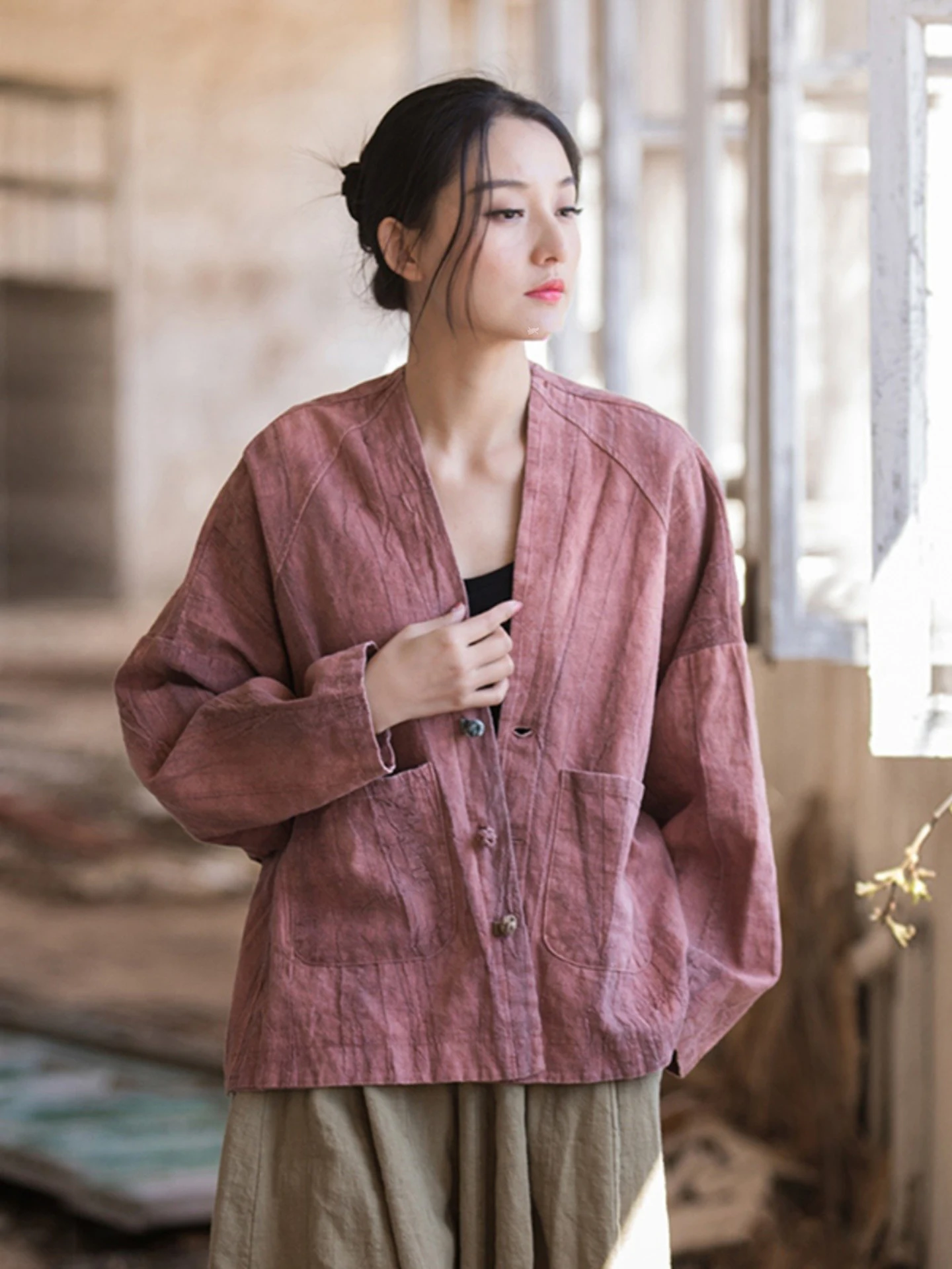 Retro Zen Style Women's Cotton Linen Open Cardigan Buttoned Worn out New Chinese Style Tea Costume Long Sleeve V-Neck Coat