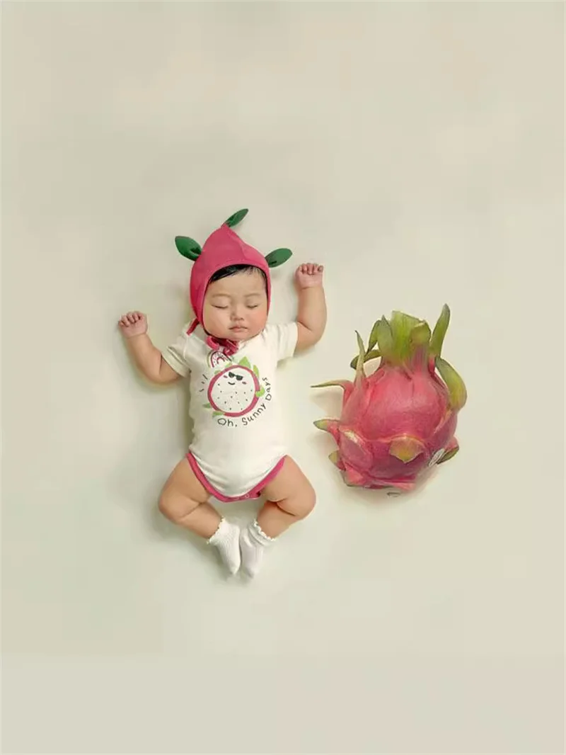 Funny Pitaya Print Baby Clothes Rompers For Boys Girls Cotton Short Sleeves Bodysuit Cartoon Child Jumpsuits  Clothing With Hat image 3