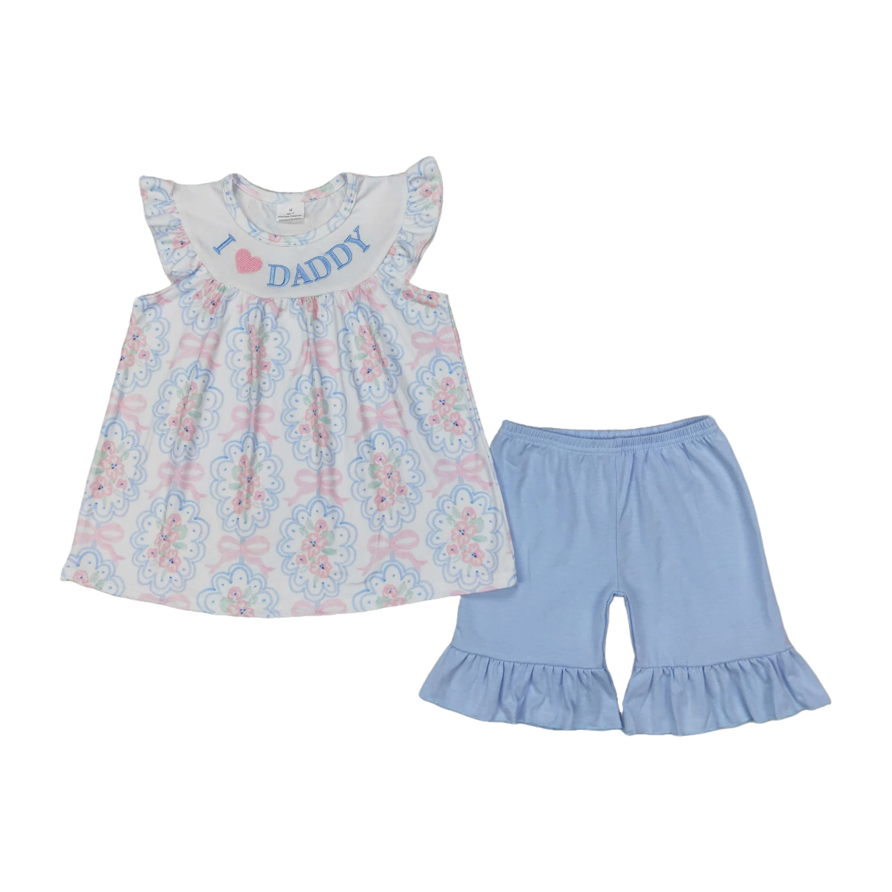 

Wholesale Kids Embroidery Smock Set Children Flutter Sleeves I Love Daddy Bows Tunic Toddler Ruffle Blue Cotton Shorts Outfit