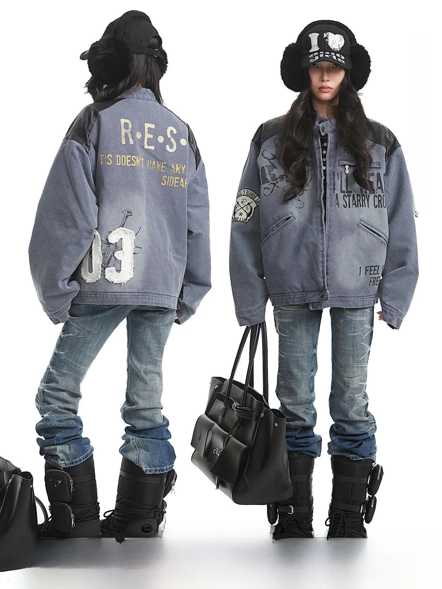 

UNCMHISEX Американская ретро-куртка из утолщенного денима с хлопковой подкладкой, женская зимняя универсальная куртка с принтом, на молнии, с длинными рукавами