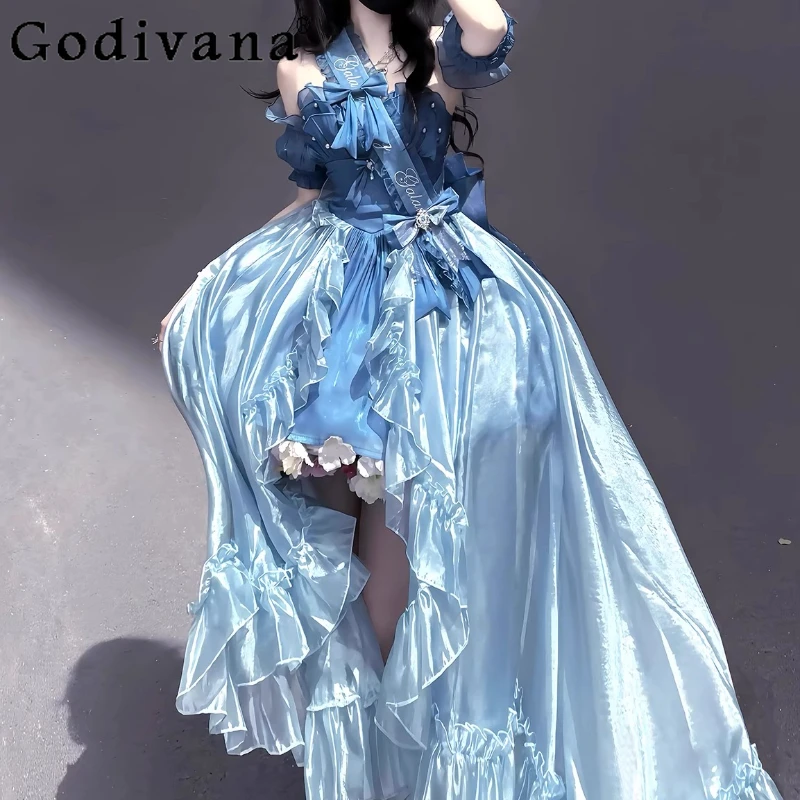 Элегантное длинное платье в стиле Лолиты для девочек, повседневная одежда, карнавальное вечернее платье с рукавами, комплект женского платья принцессы с большим бантом