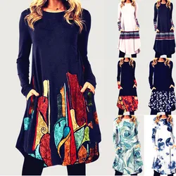 Women Loose Vintage Ruffles Pocket Winter Dress 5XL Printed Full Long Sleeve Spring Boho Casual Party Dresses