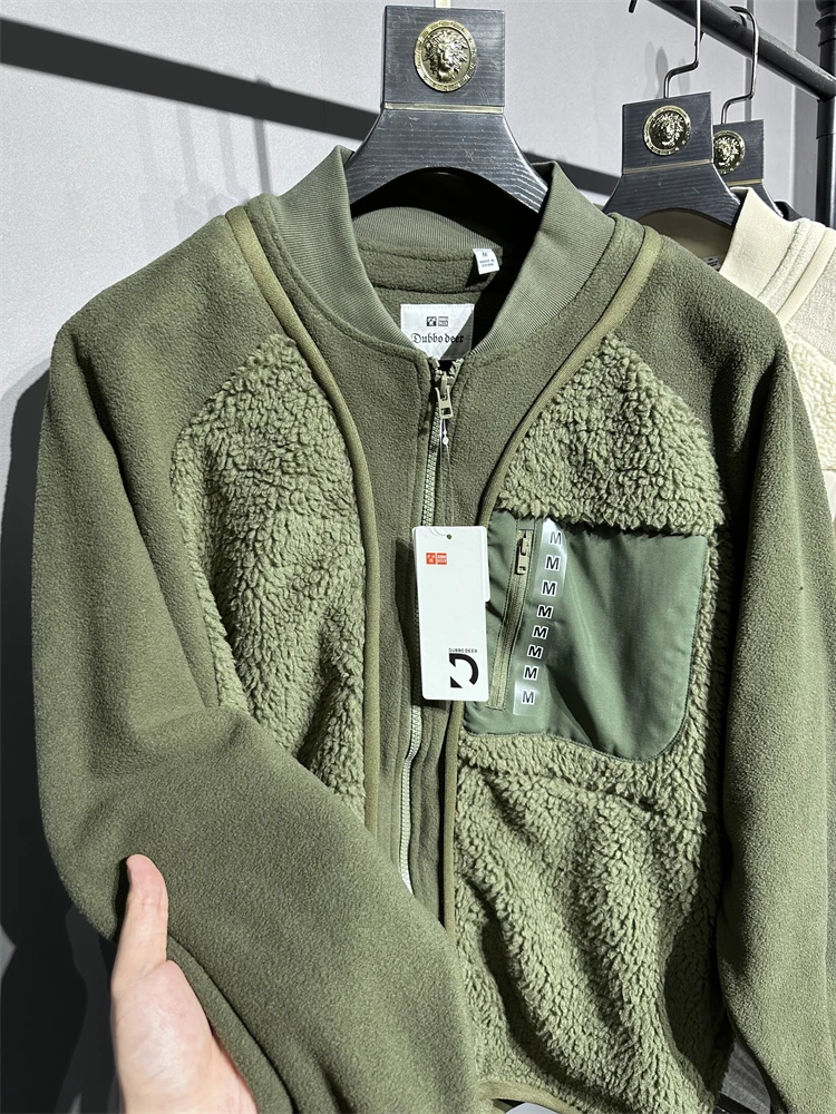 

Teddy Fce Patchwork Fce Baseball Collar Loose Men's Jaet Outerwear Autumn Winter Pure Color Trendy Polyester Zipper