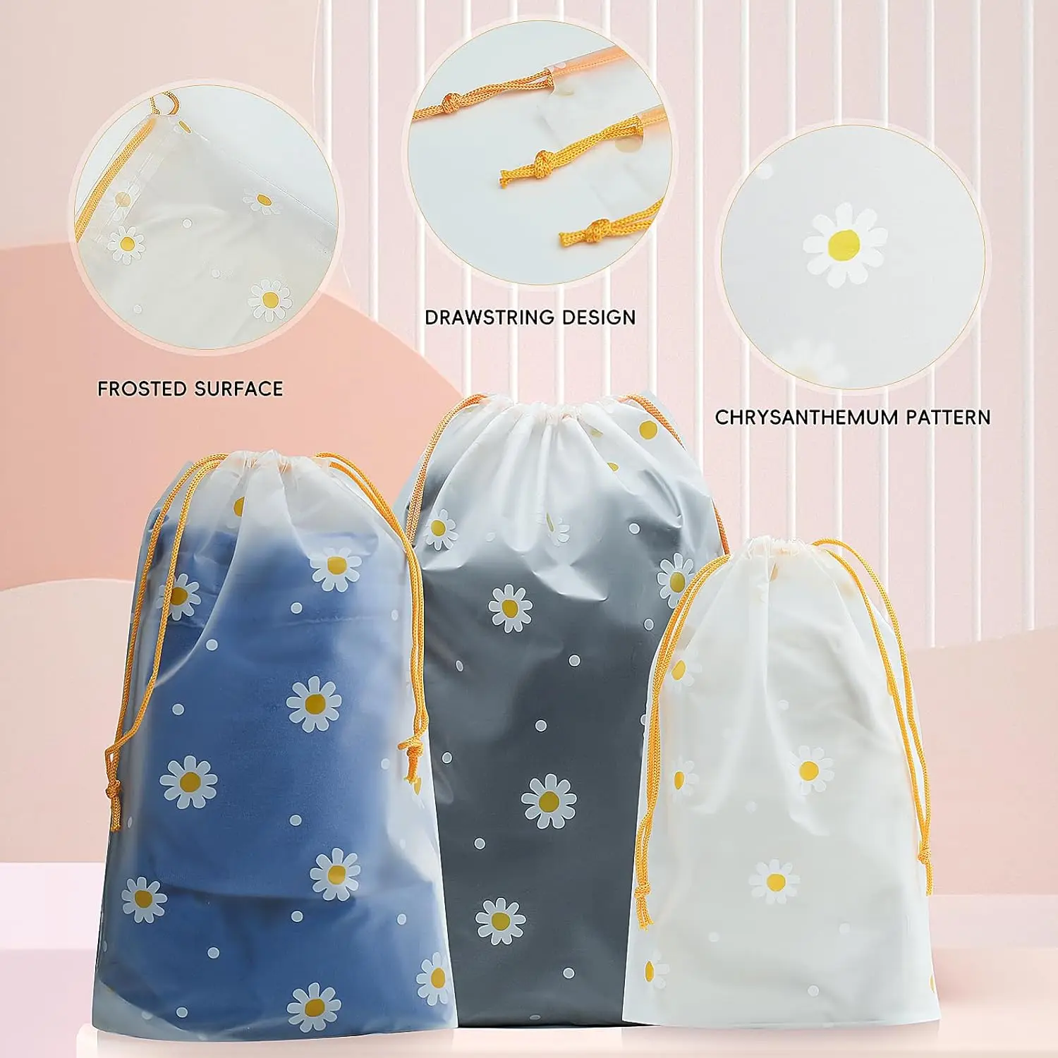 50PCS Drawstring Waterproof Clothes Shoes Storage Bags EVA Daisy Pattern Packaging Organizer Waterproof Makeup Toiletry Bags