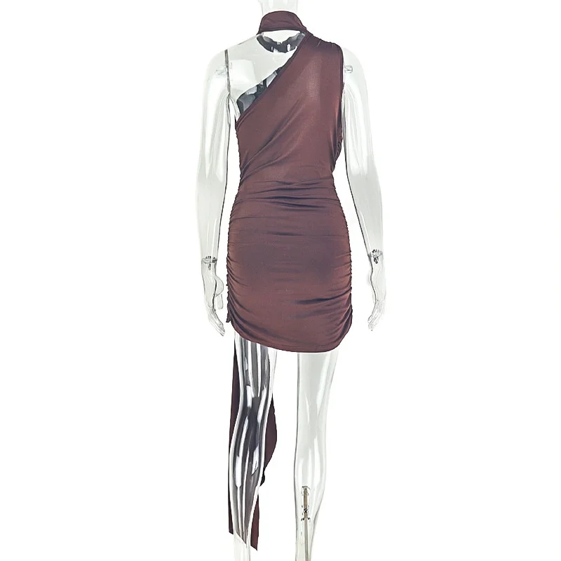 Damen Neckholder One-Shoulder Mini-Kleid mit Cut-Outs, figurbetontes Kleid mit langem Gürtel, gerafftes Wickelkleid, kurzes Party- und Nachtclub-Kleid, Großhandel – Detail 10