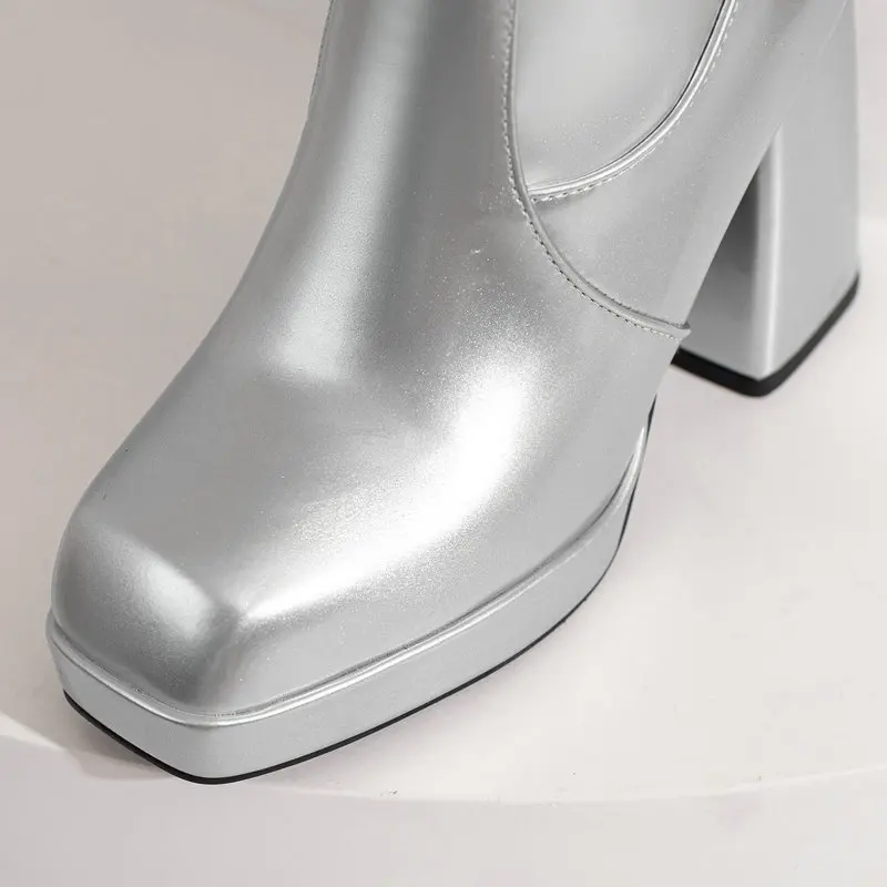 Silver Gold Knee High Boots Women 2022 Four Seasons 10cm Chunky Heels Shoes Square Toes Long Booties Big Size 48 Botas Mujer