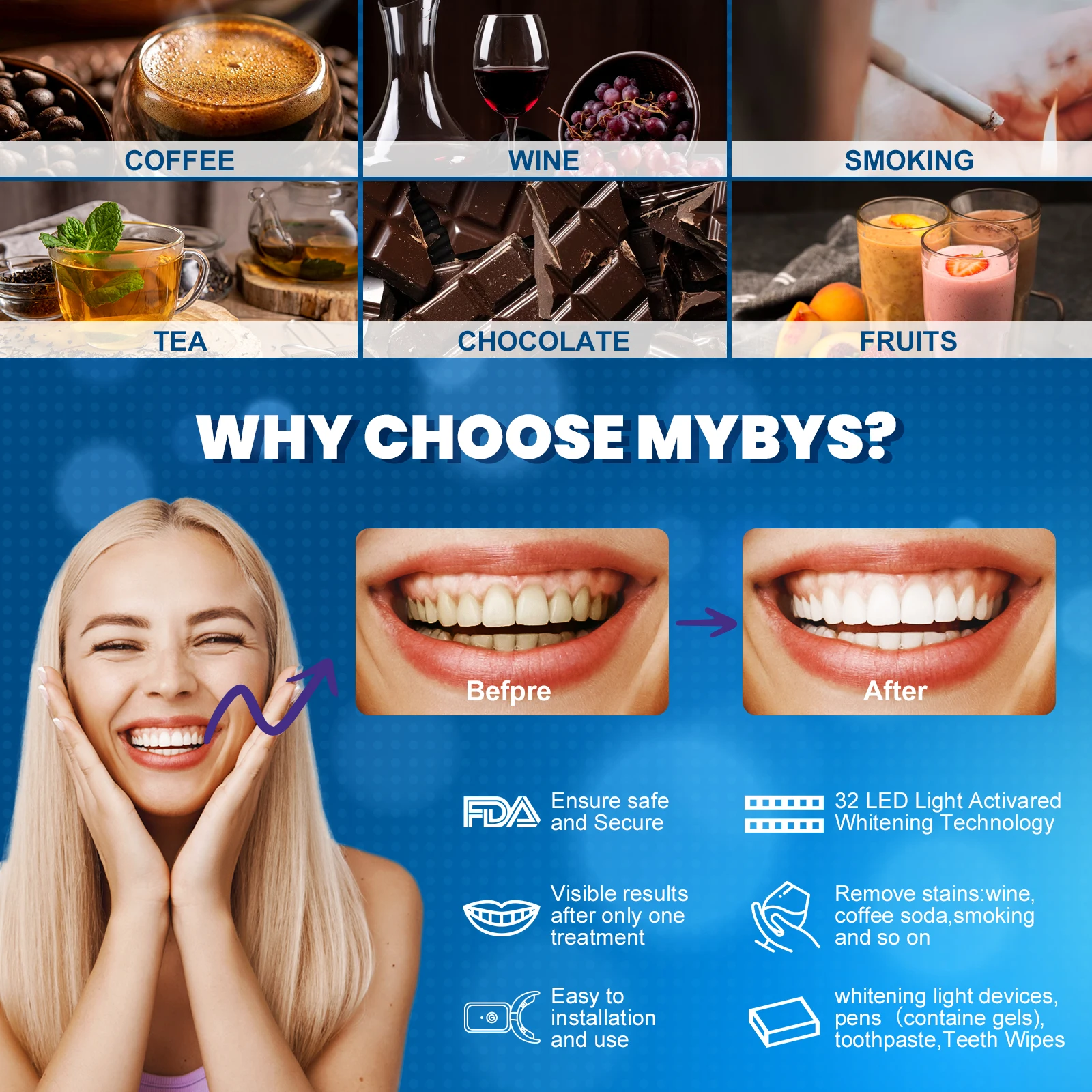 MYBYS 13 قطعة طقم تبييض الأسنان مع 32 أضواء Led 3 ألوان المنزل تبييض الأسنان معجون الأسنان للعناية بالفم الحساسة موس