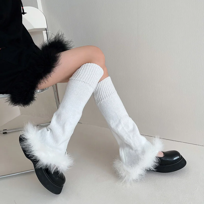 Y Demo Y2K Sweet Feather Edge Pile Socks Elastic Color Patchwork Knitted Leg Warmer Boots Cover 90s Streetwear