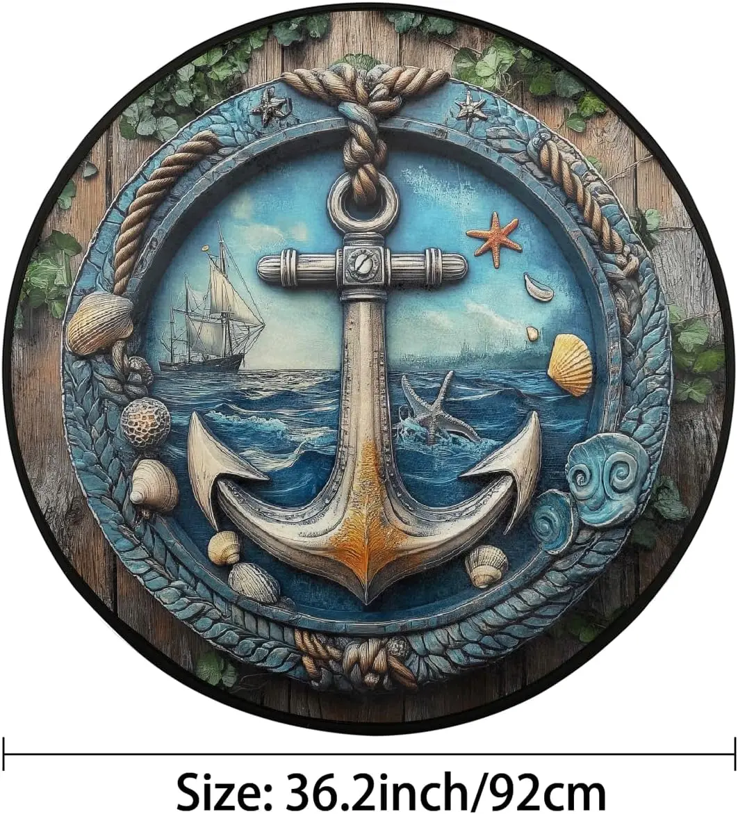 Decorative Nautical Anchor Ocean Round Area Rug Mat Polyester Coastal Marine Ship Sailing Floor Carpet Decor