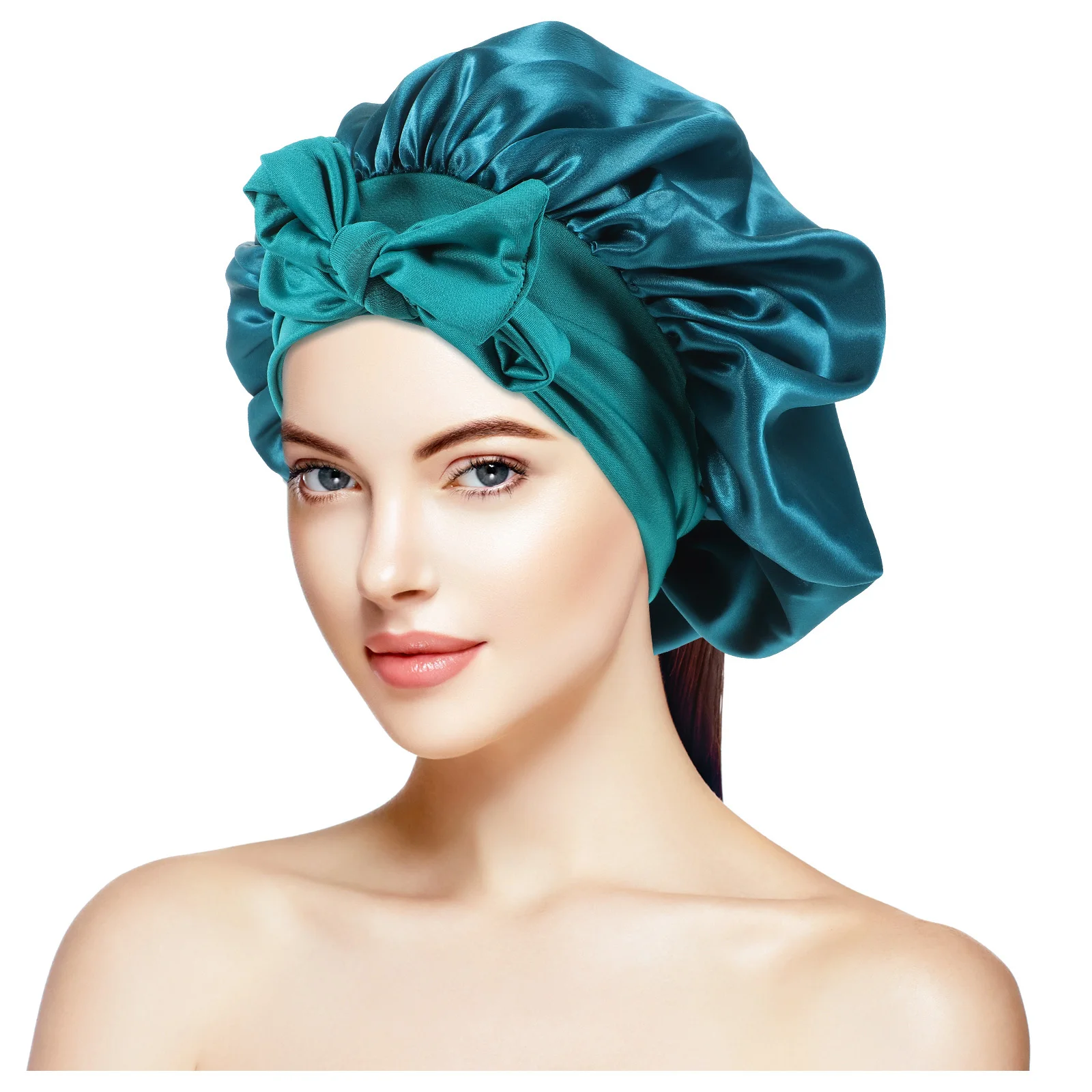 قبعة نوم بحافة واسعة بلون سادة مع زخرفة لطيفة على شكل فيونكة متعددة الوظائف لإعلانات المكياج والنوم المرن