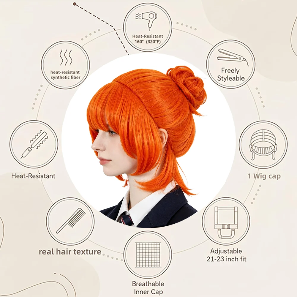 

Lucy Wilde/Nami Cosplay Wig Pre-styled No Styling Bright Orange Half Up Bun Short Bob Heat Resistant Wig For Anime Halloween
