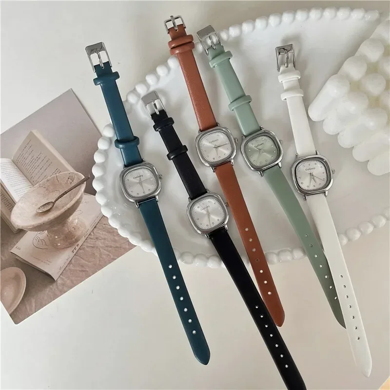 Brand Simple Small Square Green Quartz Watch Women Leather Strap Casual Fashion Versatile Vintage Wristwatches Dropshipping