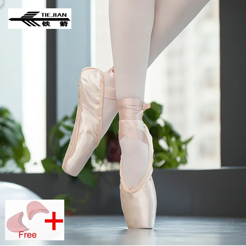 Professional Ballet Pointe Shoes Canvas Satin Pink Black Red Ballerina  For Dancing Performance With Toe Pad