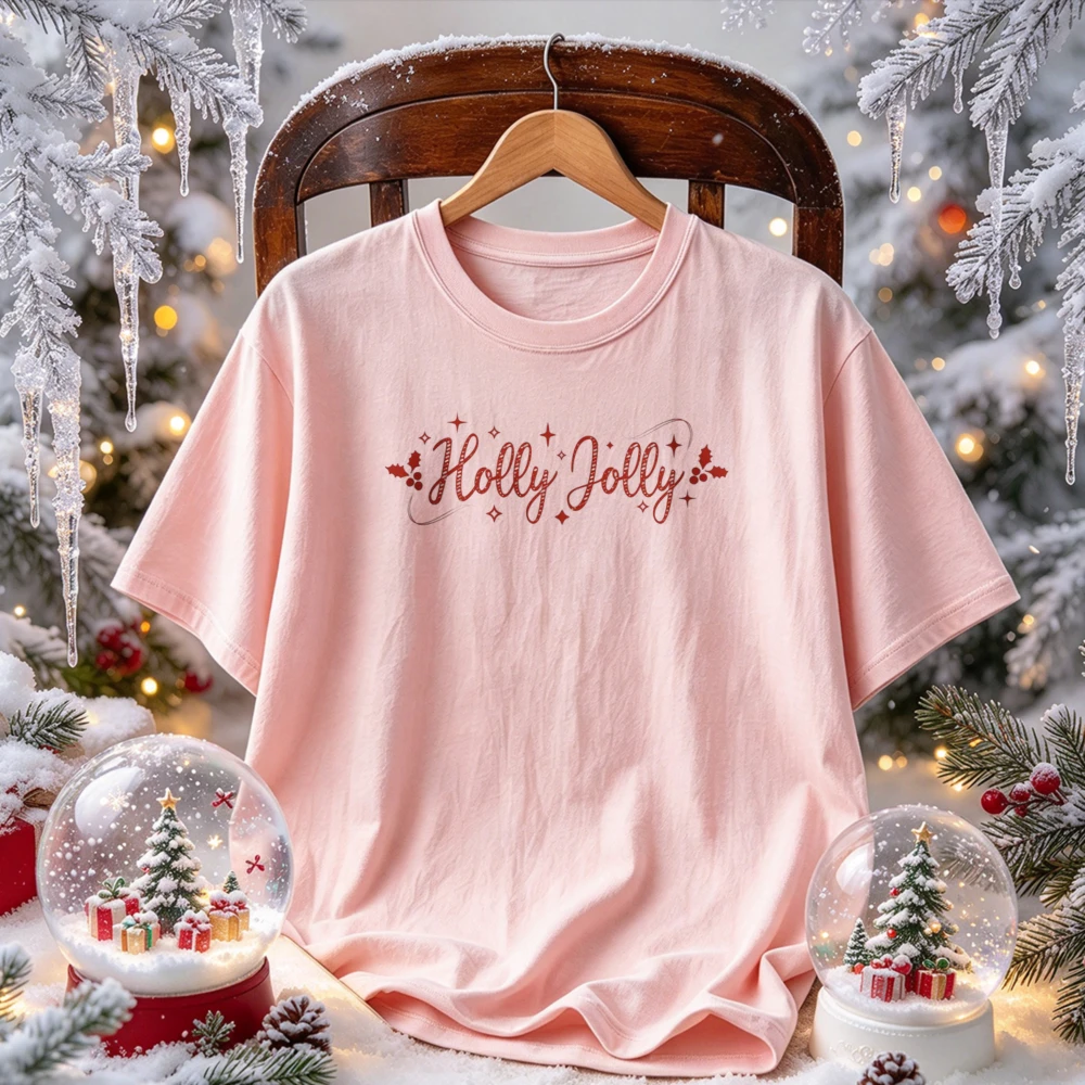 Holly Jolly Graphic Tee Elegant Cursive Letter Holly Berry Star Print Minimalist Christmas Casual T-shirt Winter Holiday Tops