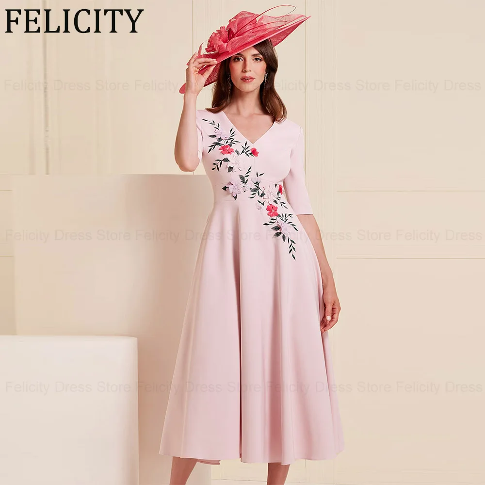 

FELICITY Appliques Elegant Mother of the Bride Dresses 2024 A-Line V-Neck Wedding Guest Dresses Beading Tea-Length Evening Gowns