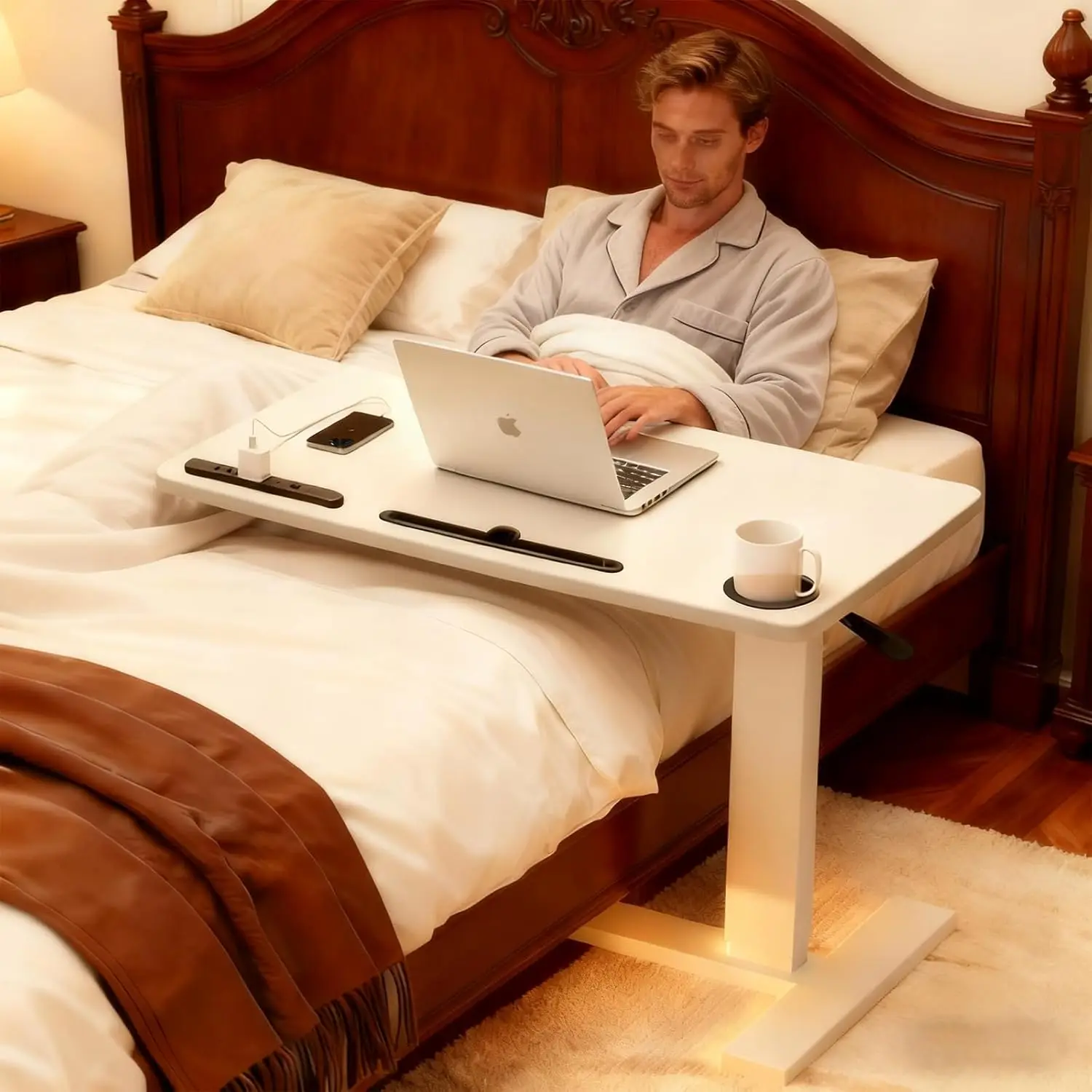 

Adjustable Height Over Bed Table with USB Ports, Wheels, and Pad Slot - White, 32x16 Inches