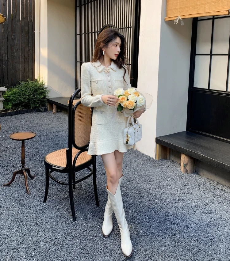 Sukienka z dzianiny bouclé w stylu luksusowym, inspirowana parizyjskim stylem, mini sukienka z kołnierzykiem w szpic, elegancka sukienka damska z krótkim rękawem na jesień i zimę 2025.