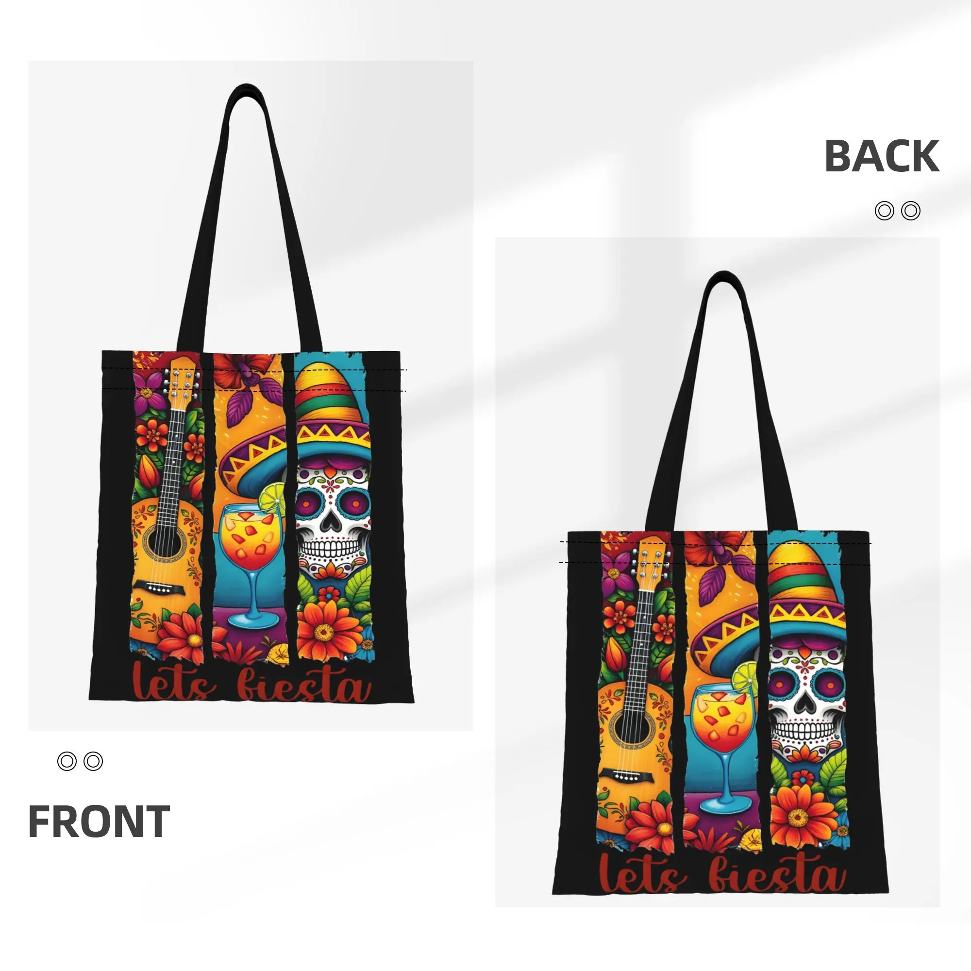 1PC Large Capacity Lets Fiesta Cinco De Mayo Canvas Tote Bag Foldable Chic Pattern No Closed Design