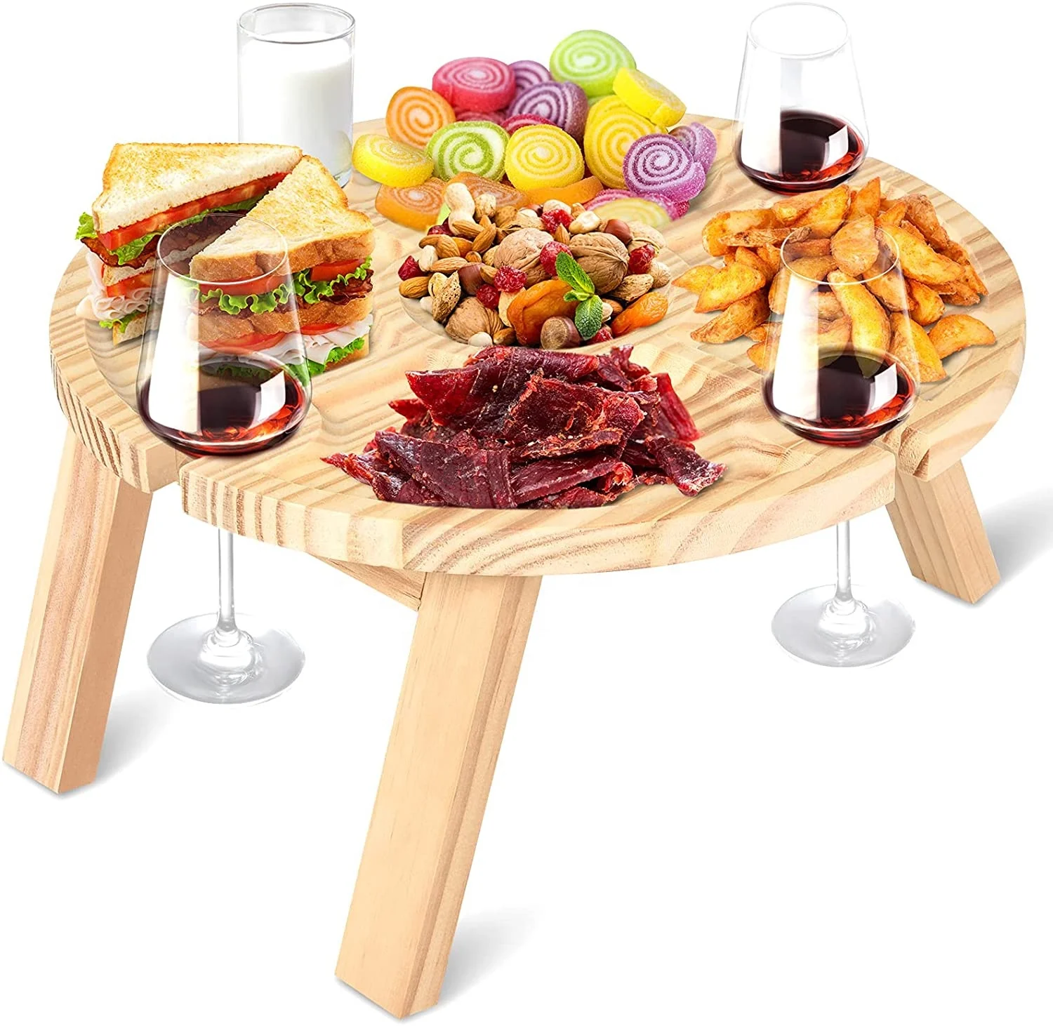 

Wooden Outdoor Folding Picnic Table Round Foldable Desk Wine Glass Rack Collapsible Table For Garden Party