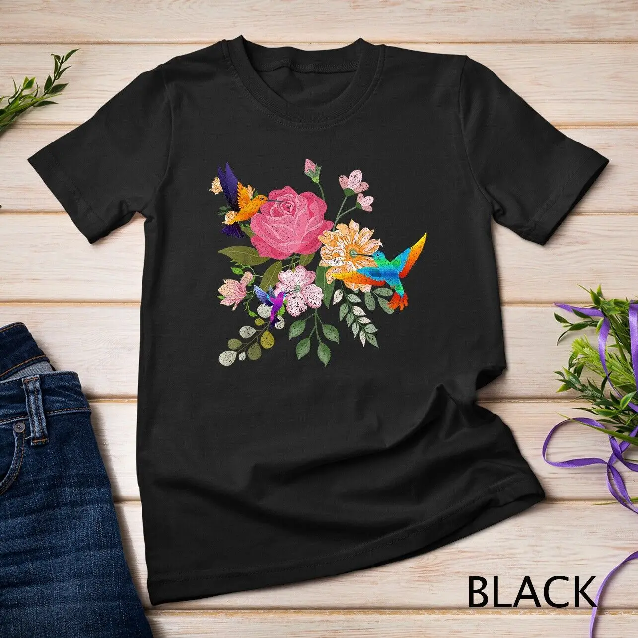 Vintage Bird Animal Lover Nature Roses Flowers Hummingbird Unisex T-shirt