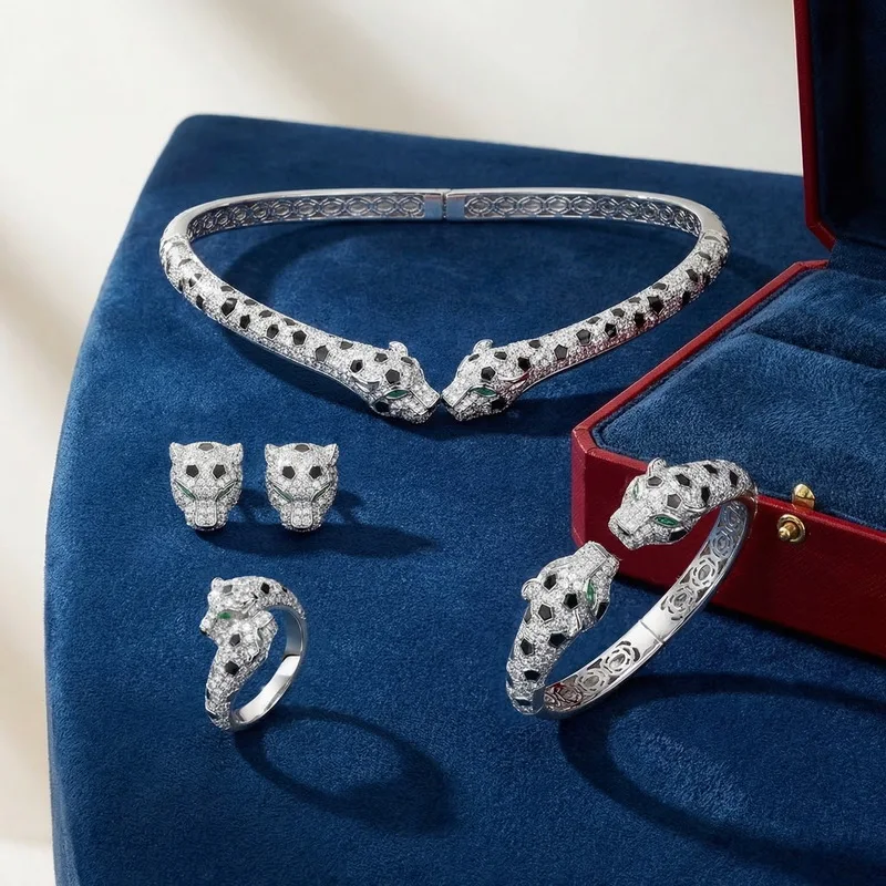 Europe America Ring Earrings Bracelet Choker Necklace Inlay Cubic Zircon Black Enamel Spots Double Leopard Panther Jewelry Sets