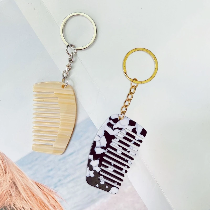 Miniature Comb Pendant Keychain Acetate Gold/Silver Key Ring for Women and Girls Everyday Hair Maintenance Supplies