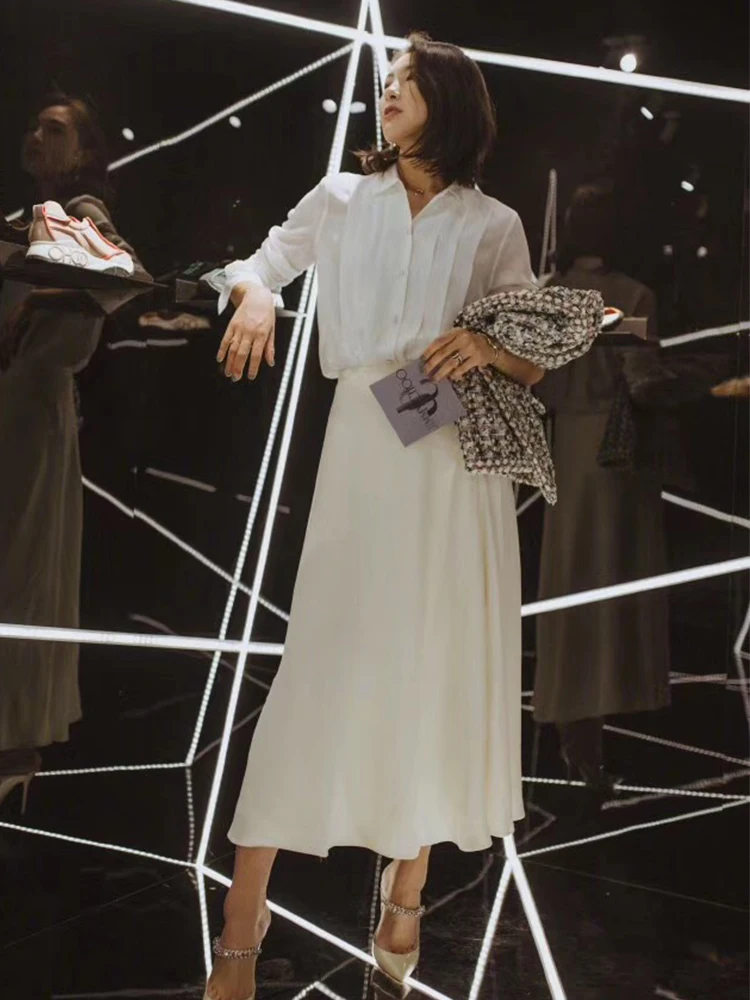 

Elegant High Waist Midi Skirt Fashionable Blogger White A-Line Skirt Draped Half-length Spring Summer White Skirt New