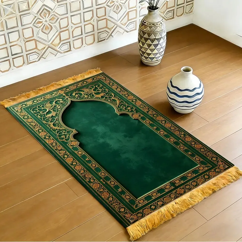 VIKAMA Non-slip Islamic Prayer Rug Deep Green Gold Floral Arch Soft Portable for Ramadan Home Gift