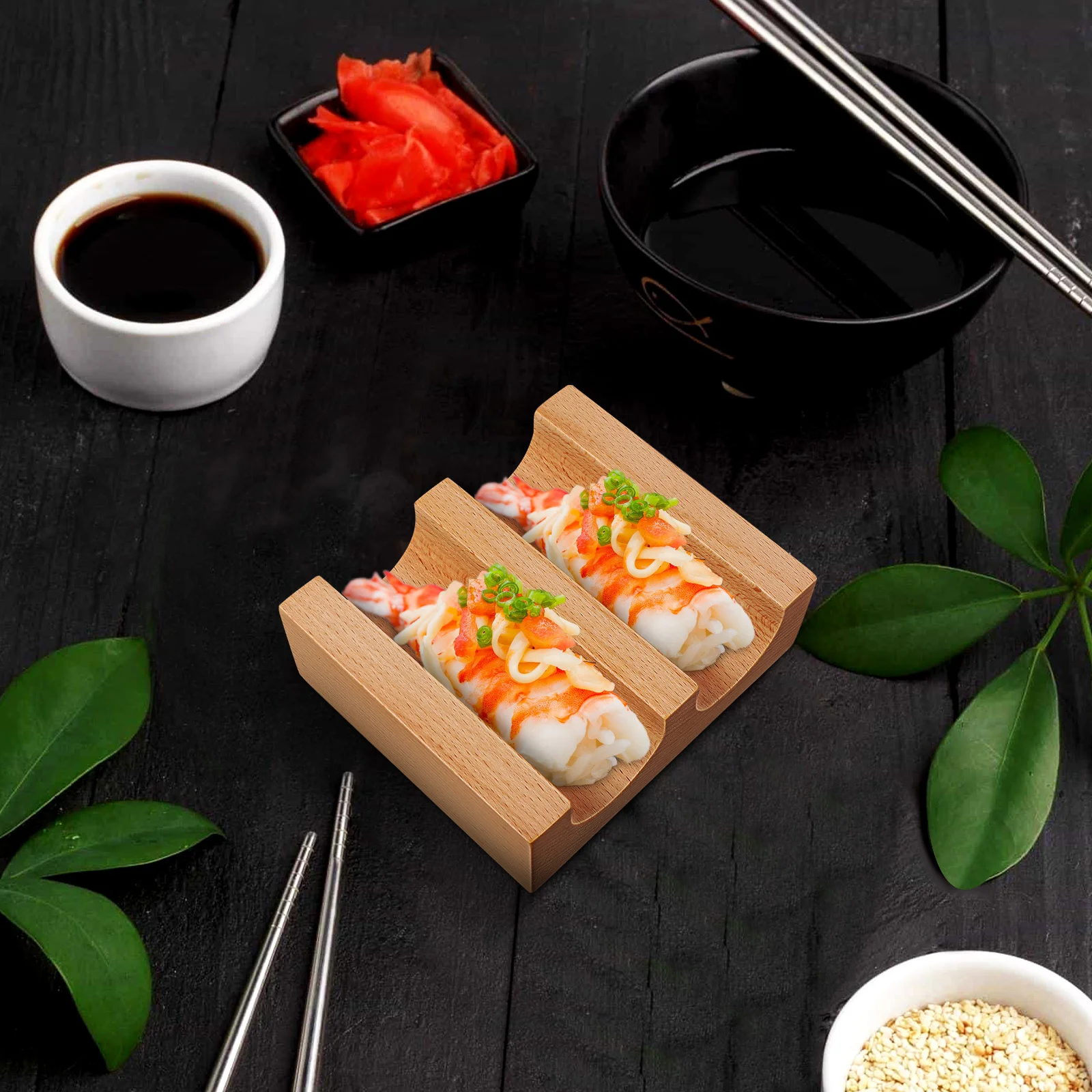 

U Shaped Wooden Sushi Holder Hand Roll Stand 2-Grid Sushi Rack Serving Tray Food Display Plate Wooden Serving Tray