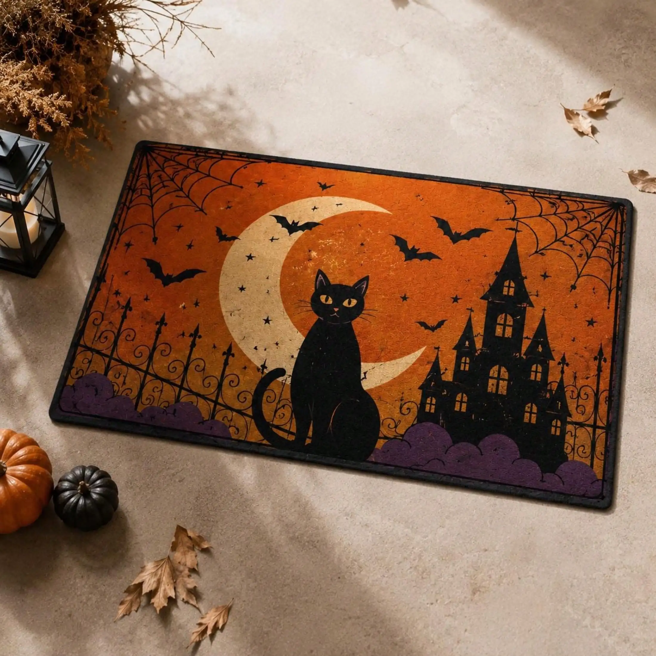 Flannel Halloween Black Cat Doormat Non‑Slip Absorbent Entryway Rug, Spooky Moon Haunted House Welcome Floor Mat, Indoor Outdoor Porch Halloween Holiday Home