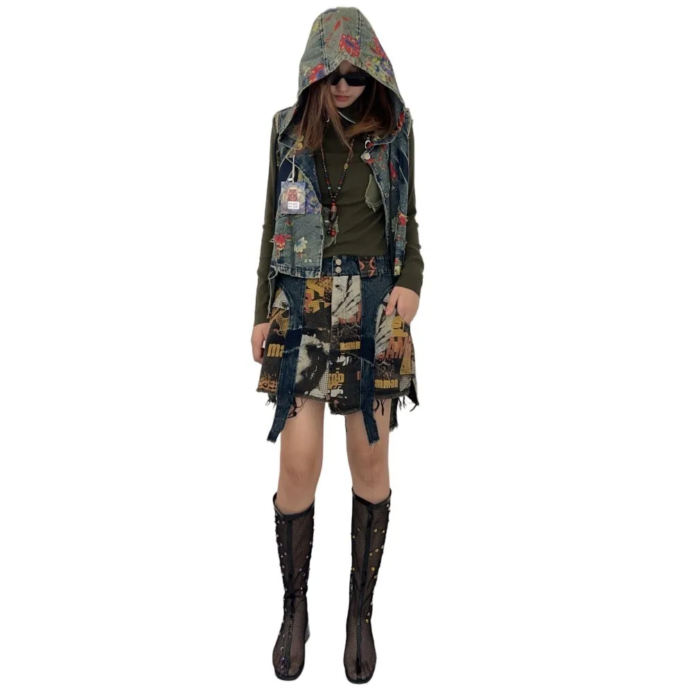 Personalized Trendy Vintage Dress Set Women Printed Denim Hooded Vest + Short Skirt Two-piece Set 2024 Early Autumn ZF134