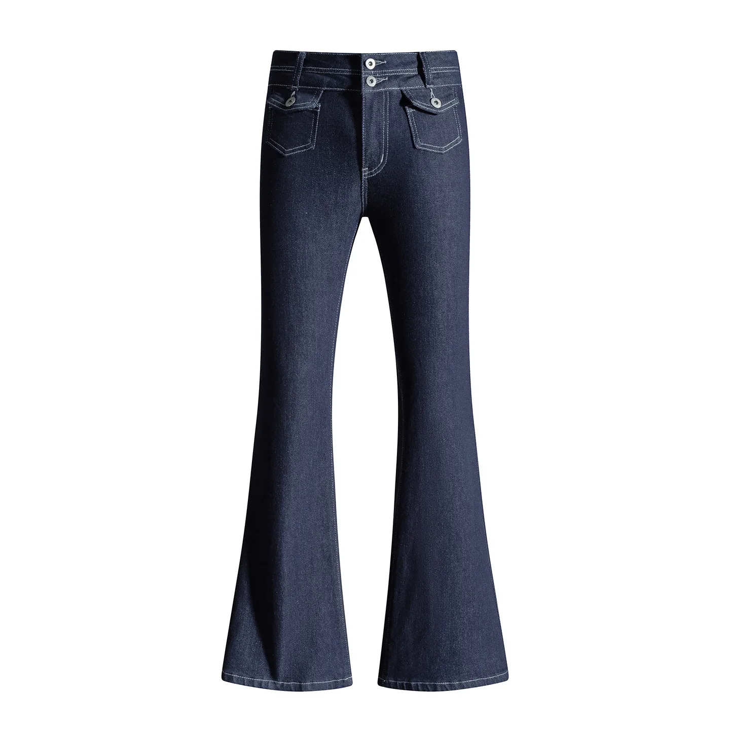 Dark Blue Low Waist Jeans For Women, Autumn Design, Stretchy Hot Girl Flared Floor-Length Pants