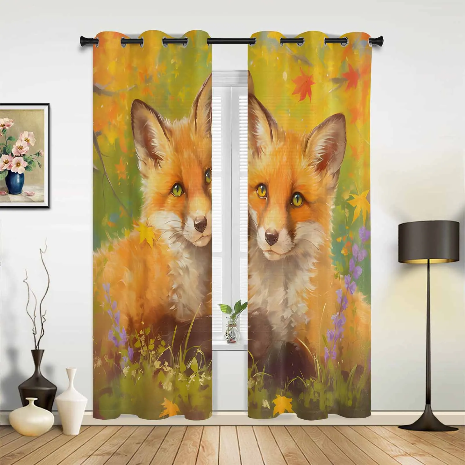 Two Foxes With Maple Leaves In Autumn Modern Panels Hall Curtains for Living Room Bedroom Window Curtains Hotel Drapes