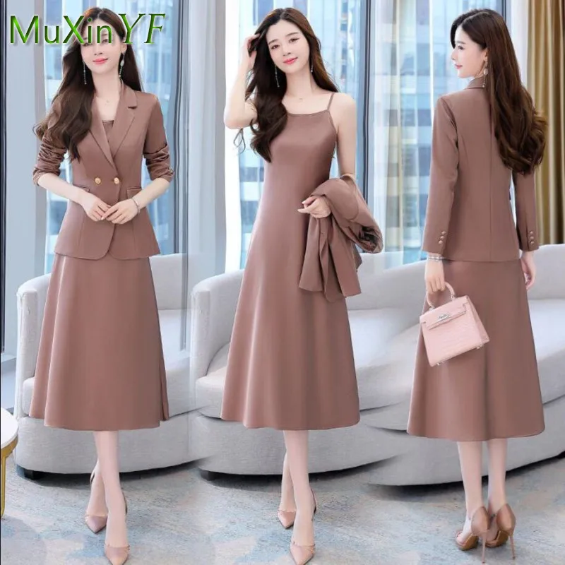 2022 Autumn Winter New Fashion Blazer Blouse+Suspender Dress Professional Two-piece Women\'s Korean Elegant Suit Midi Skirt Set