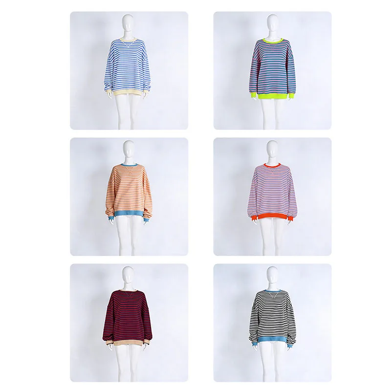 Damen Herbst/Winter Neuer Gestreifter Rundhals-Pullover Locker Lässig Langarm Sweatshirt Streetwear Harajuku-Stil Sweatshirt-Jacke – Detail 13