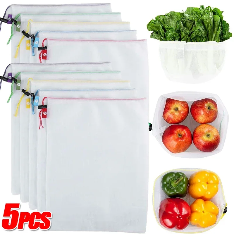 Bolsas de almacenamiento reutilizables de 5 piezas, bolsas de malla lavables para frutas y verduras, organizador de alimentos de cocina, juguetes