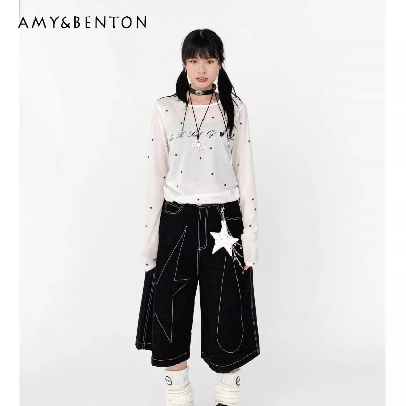 

Осенняя новая сетчатая женская рубашка с длинным рукавом и звездным принтом, круглым вырезом, винтажный дизайн, тонкая прозрачная многослойная футболка для девочек