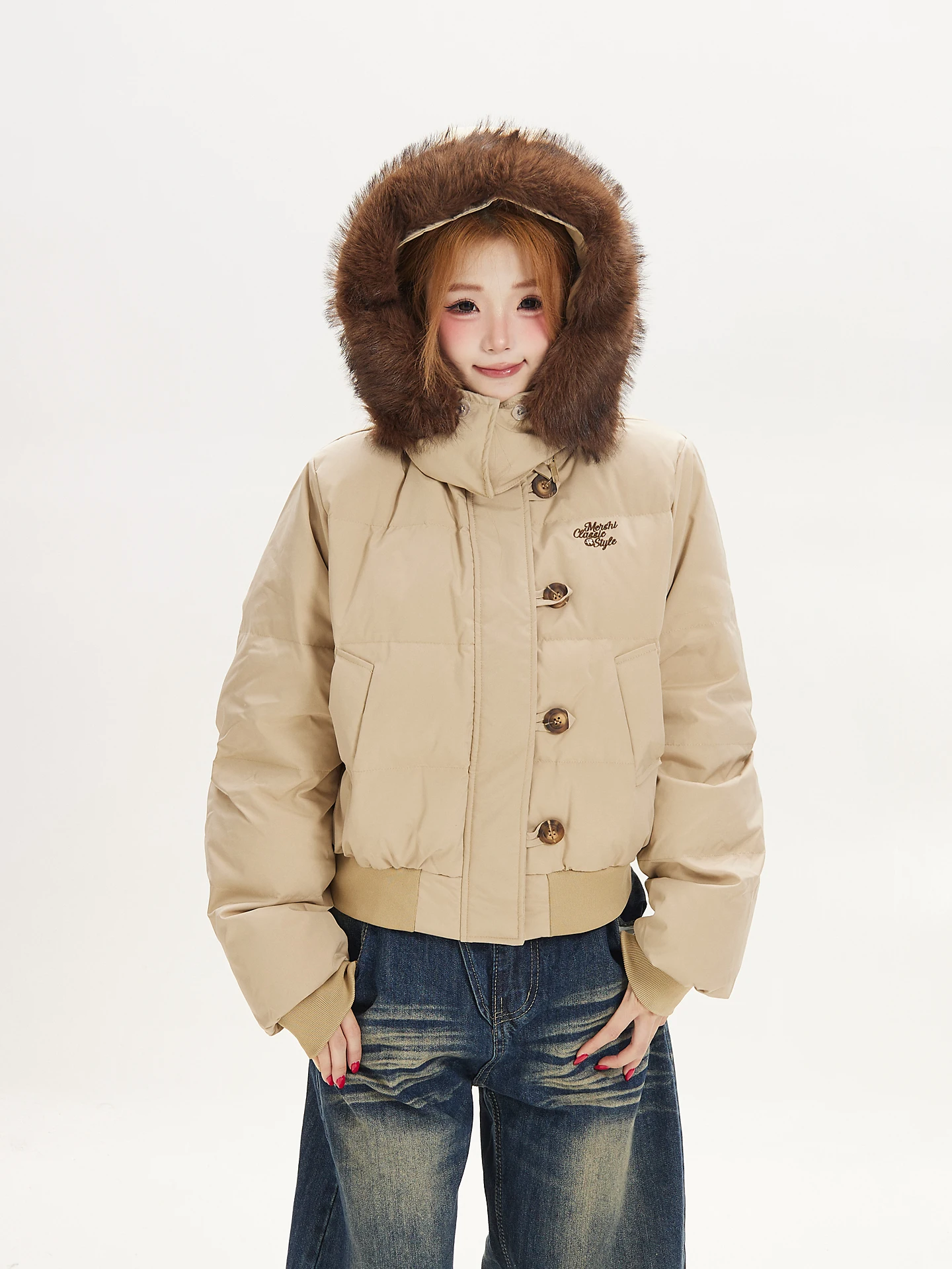 Ant Retro Fur Collar Short Puffer Jacket Women Stand Collar Thickened Warm Cotton Coat Hooded Khaki Color Commute Style Duck ...