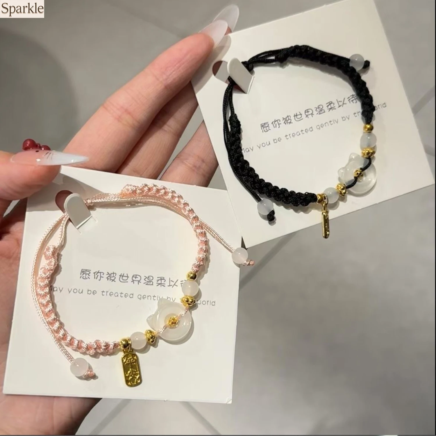 Unisex Couple Bracelets New Chinese Sweet Peace Joy Woven Hand Rope with Cat Design Unique Gift for Girlfriend Best Friend