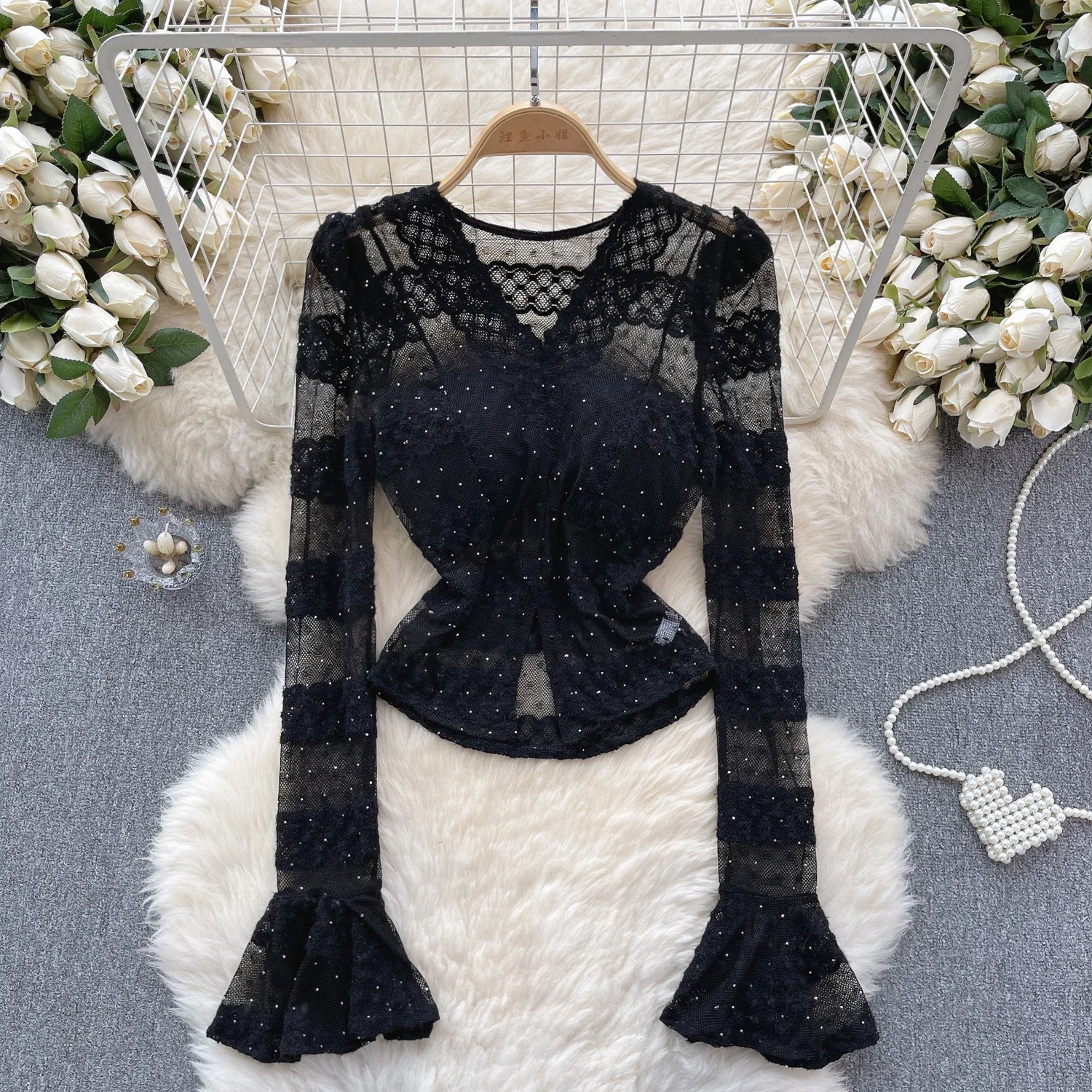 Vintage V-neck Rhinestone Chic Lace Spliced Sweet Long Flare Sleeve Slim Top Korean Women Streetwear High Street Autumn Blouse