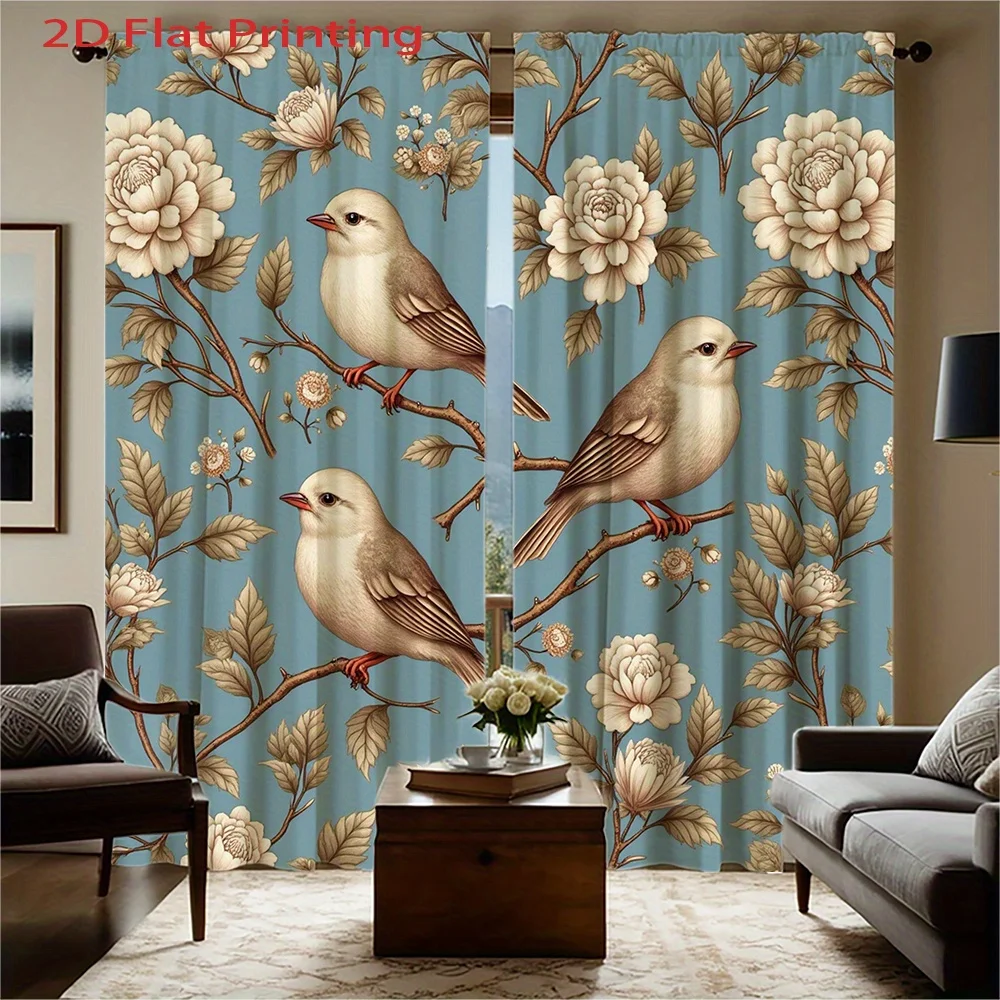 2D Flat, 2pcs Elegant Floral & Bird Print Curtains - Semi-Sheer Window Drapes with Rod Pocket, Lightweight Flannel Fabric( 180-2