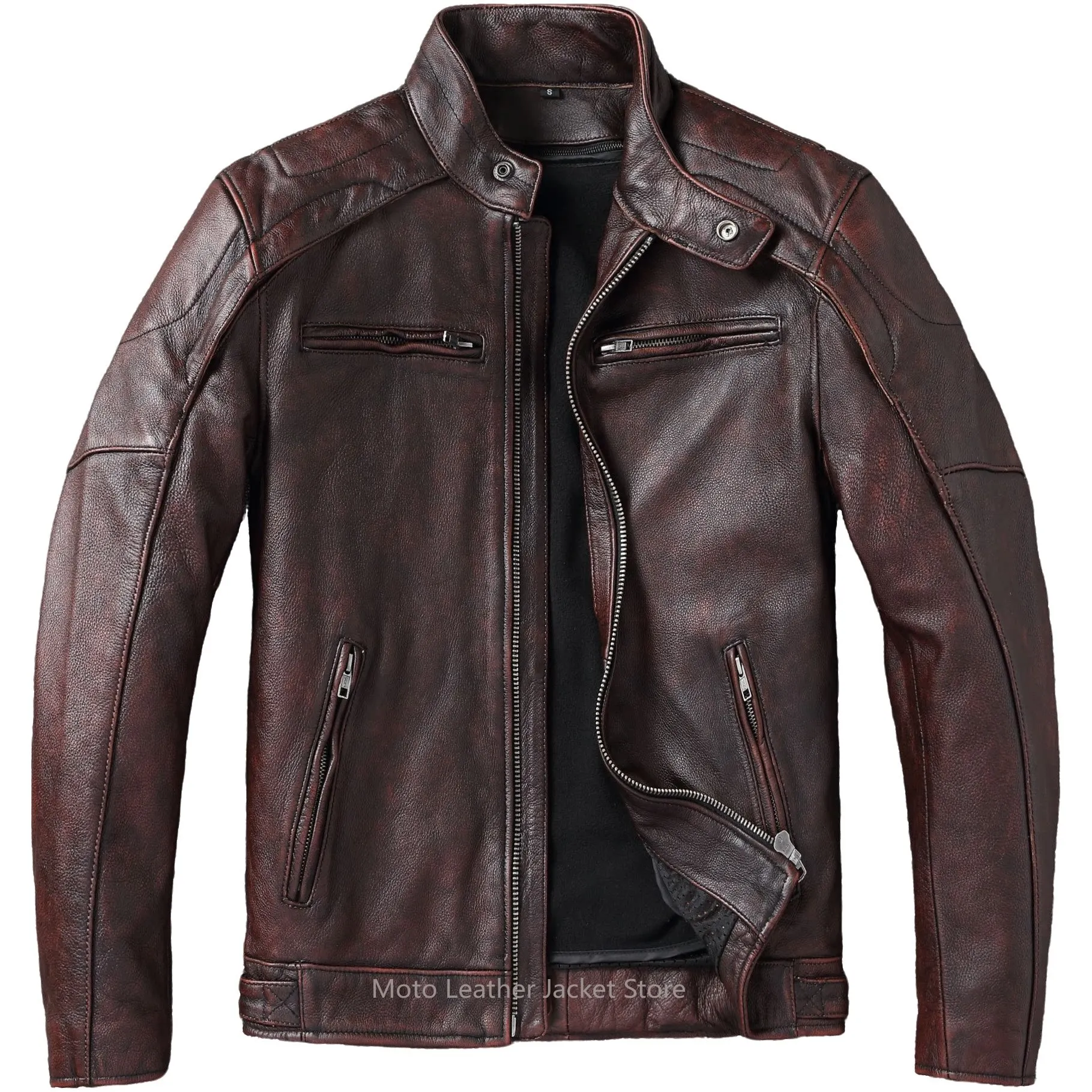 New Amekaji Retro Biker Genuine Leather Jacket Men Removable Liner Armor Cowhide Stand Collar Fall Winter Genuine Outwear - view 5