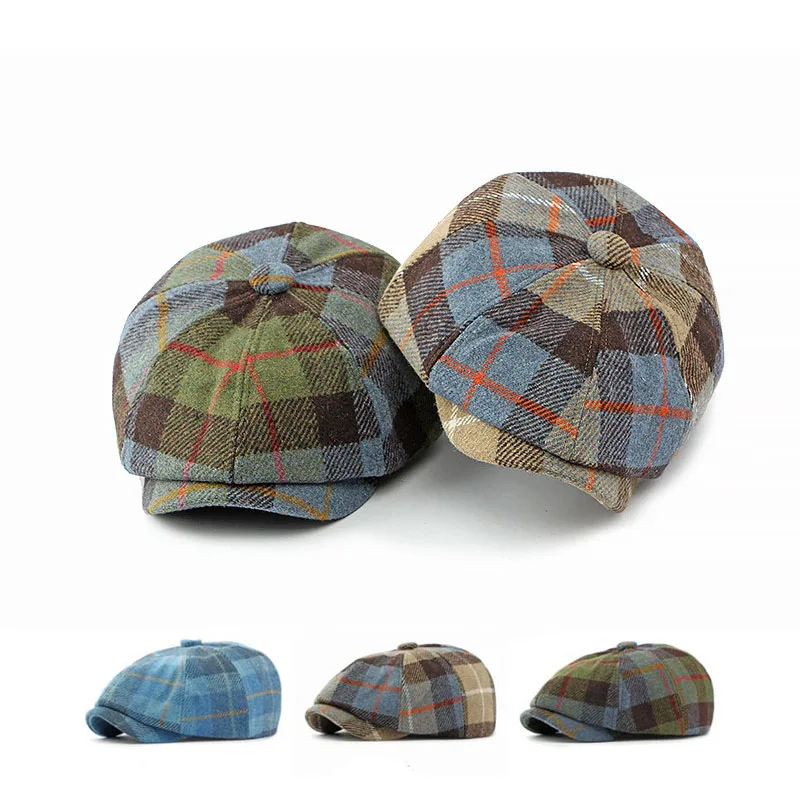 

New Women Autumn Winter Woolen Octagonal Caps Fashion Plaid Pattern Beret Man British Retro Painter Hat Students Newsboy Caps