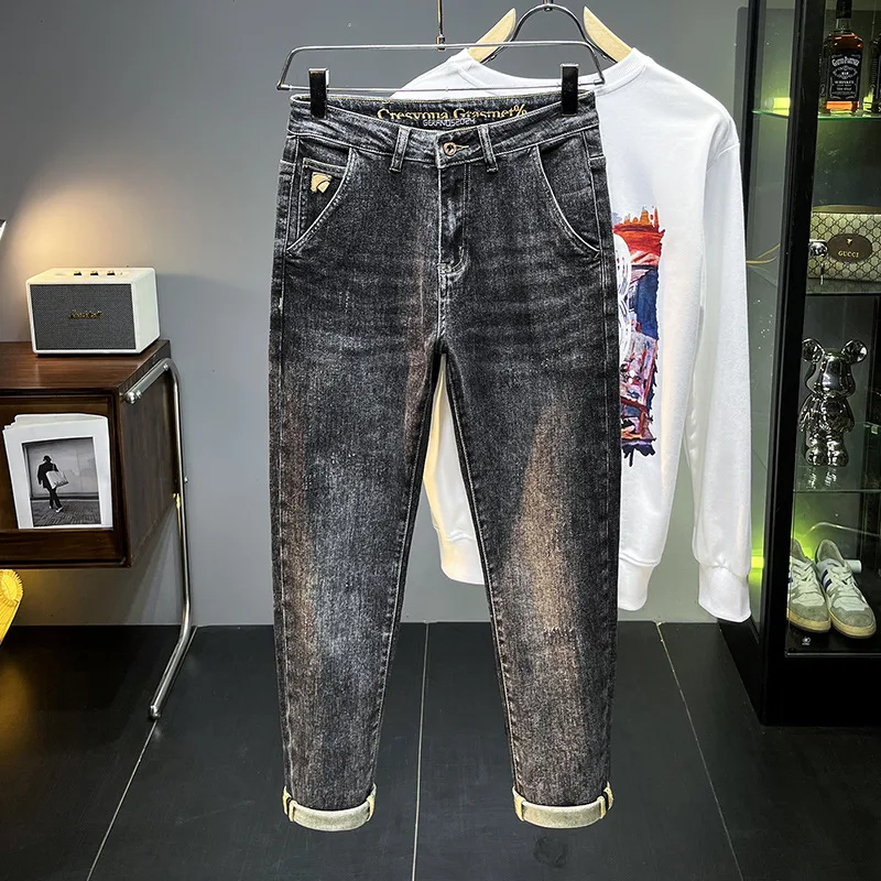 Calça jeans preta cinza apertadinha masculina, calça stretch, design de bolso diagonal, roupa casual masculina, outono e inverno, nova, 2024