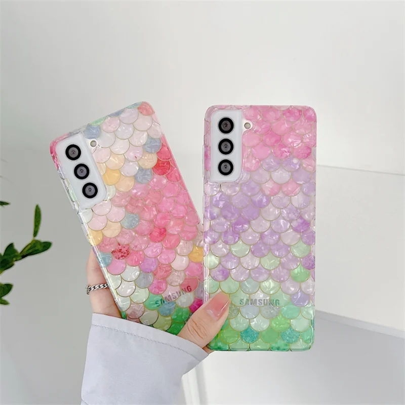 

Art Clear Glitter Scales Shell Case For Samsung Galaxy S24 S23 S22 S21 Ultra Plus S20FE Silicone Transparent Girl Luxury Cover